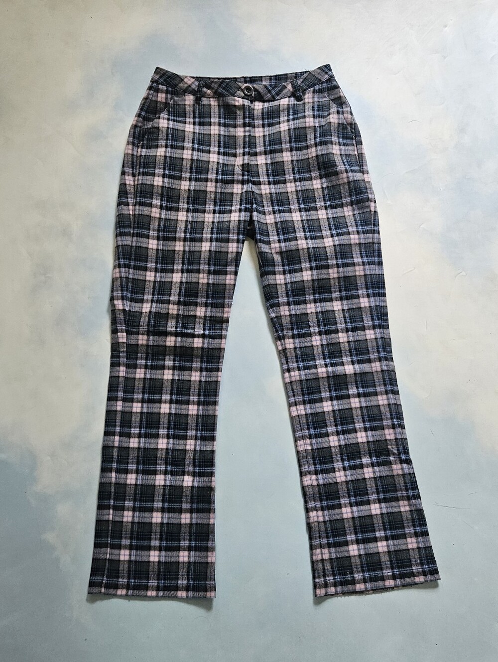 UNIF Plaid Straight-Leg Trousers in Pink & Blue Plaid Dawson Pants